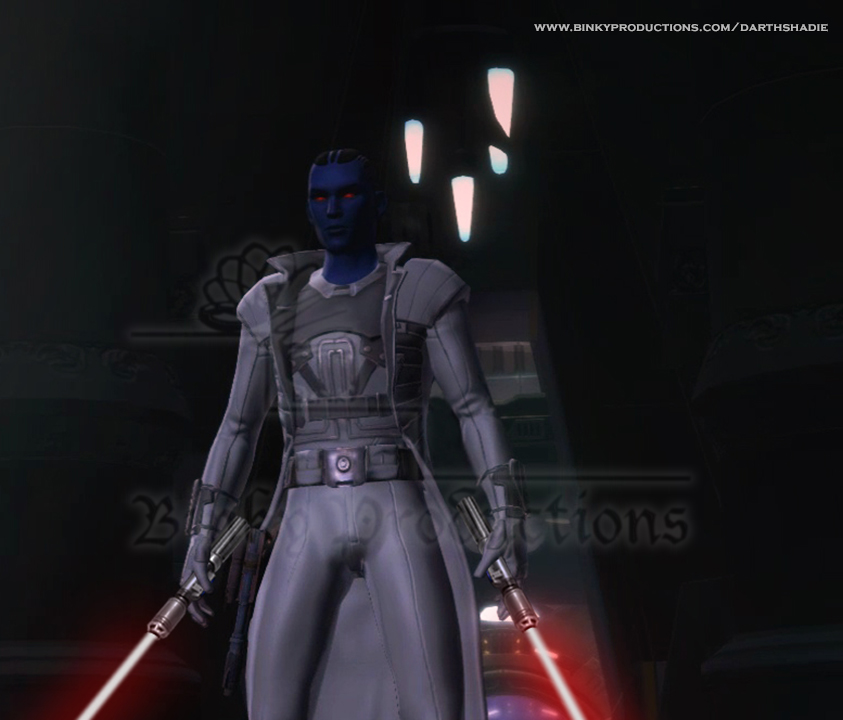 Relsor standing with lightsabers powered on (w)