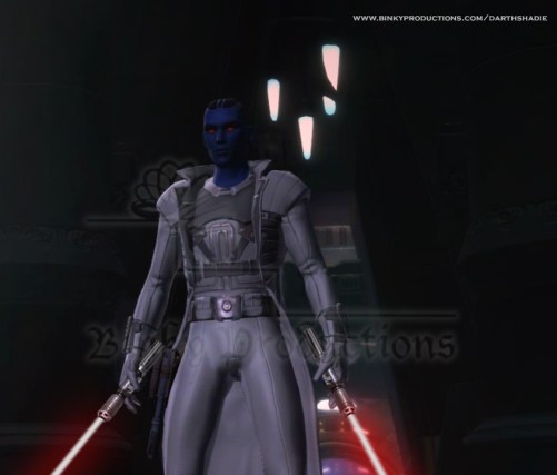 Relsor standing with lightsabers powered on (w)